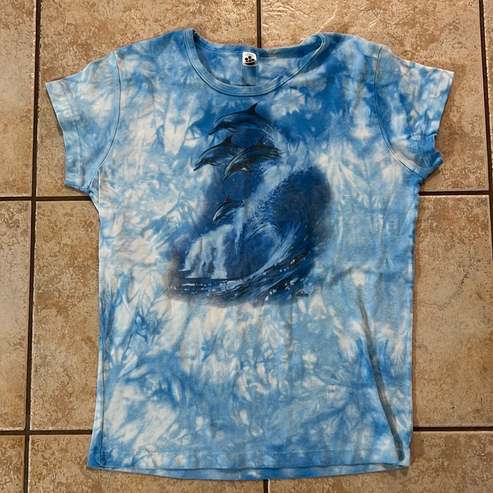 Vintage 1998 The Mountain Tie Dye Dolphin Baby Tee Ladies Tshirt,‎ Sz XL